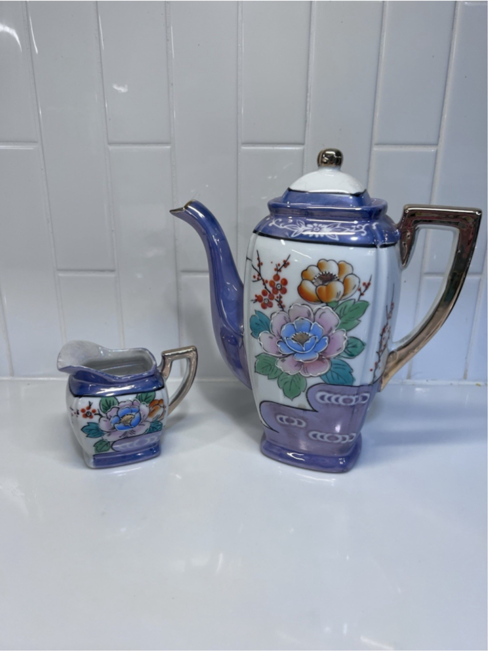 Vintage Japanese Purple Lustreware Teapot And Creamer Gold Rectangular Peonies